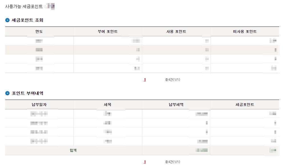 연도별로 부여된 세금포인트 내역 조회 결과