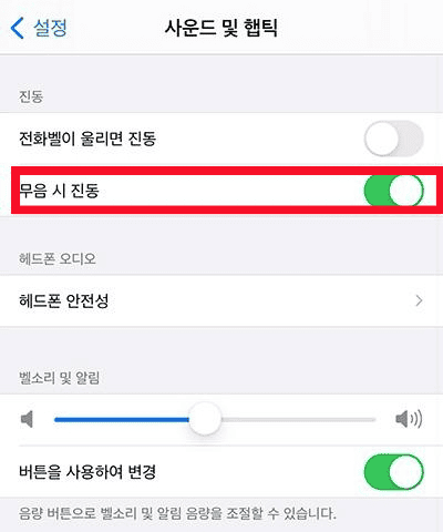 설정의 사운드 및 햅틱 메뉴에서 진동 옵션을 켜는 화면