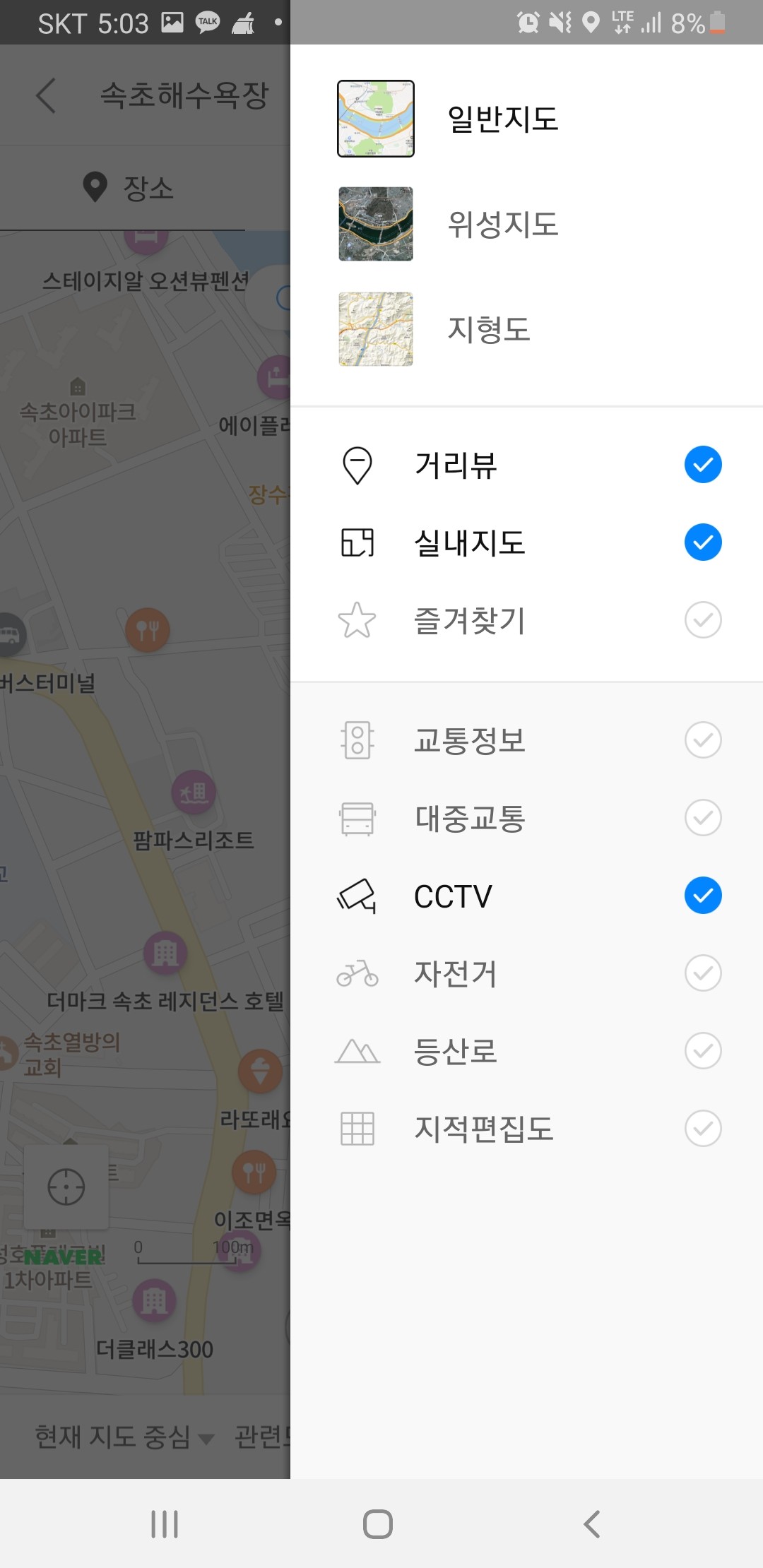 지도 설정에서 CCTV 항목을 체크하는 화면